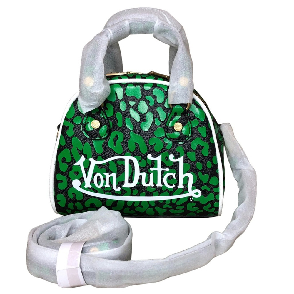 VON DUTCH Black & Green Leopard Print Top Zip Dome Shaped Shoulder Bag NWT